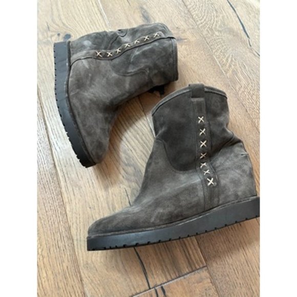 Sundance Catalogue Ashville Gray Suede Shearling Mid Calf Snow Boots Stitch 9.5 - Picture 3 of 11